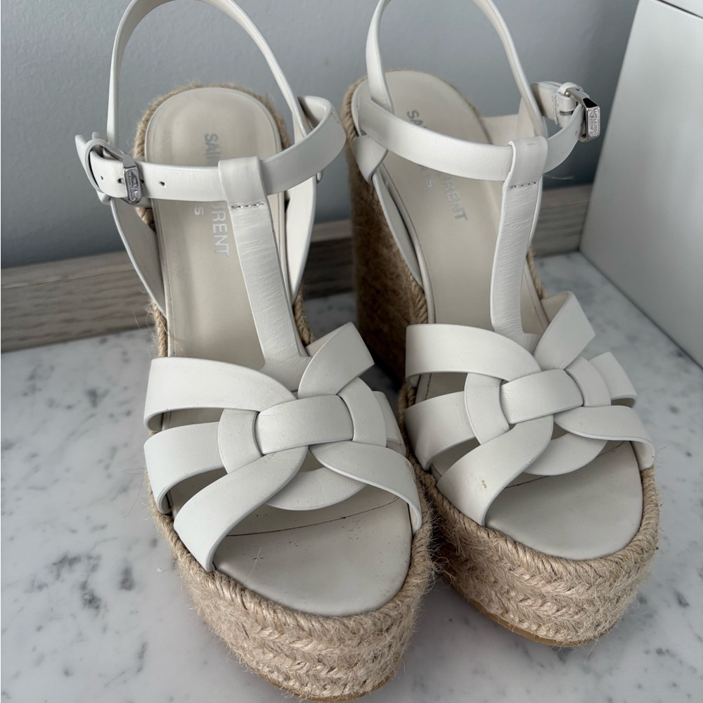 Saint Laurent White Wedge Espadrilles with Intricate Straps